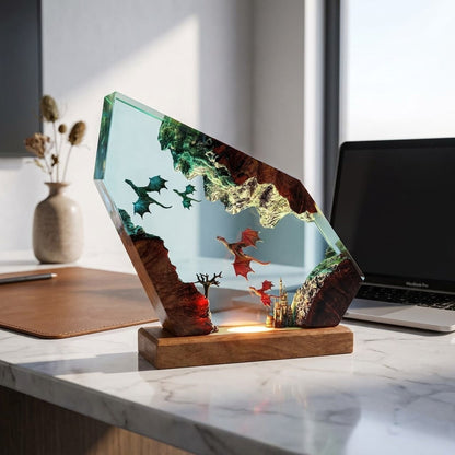 Mystic Dragon Kingdom Handcrafted Epoxy Resin LED Lamp