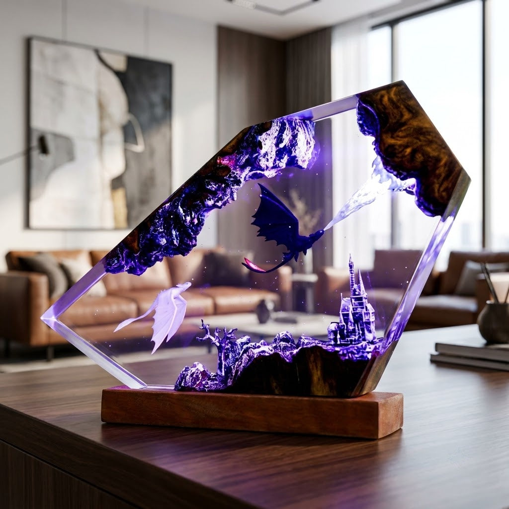 Dragon Guardian Kingdom Handcrafted Epoxy Resin LED Lamp