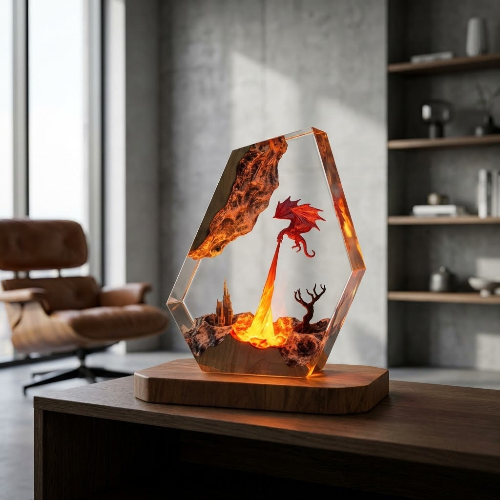 Crimson Dragon Flame Handcrafted Epoxy Resin LED Lamp