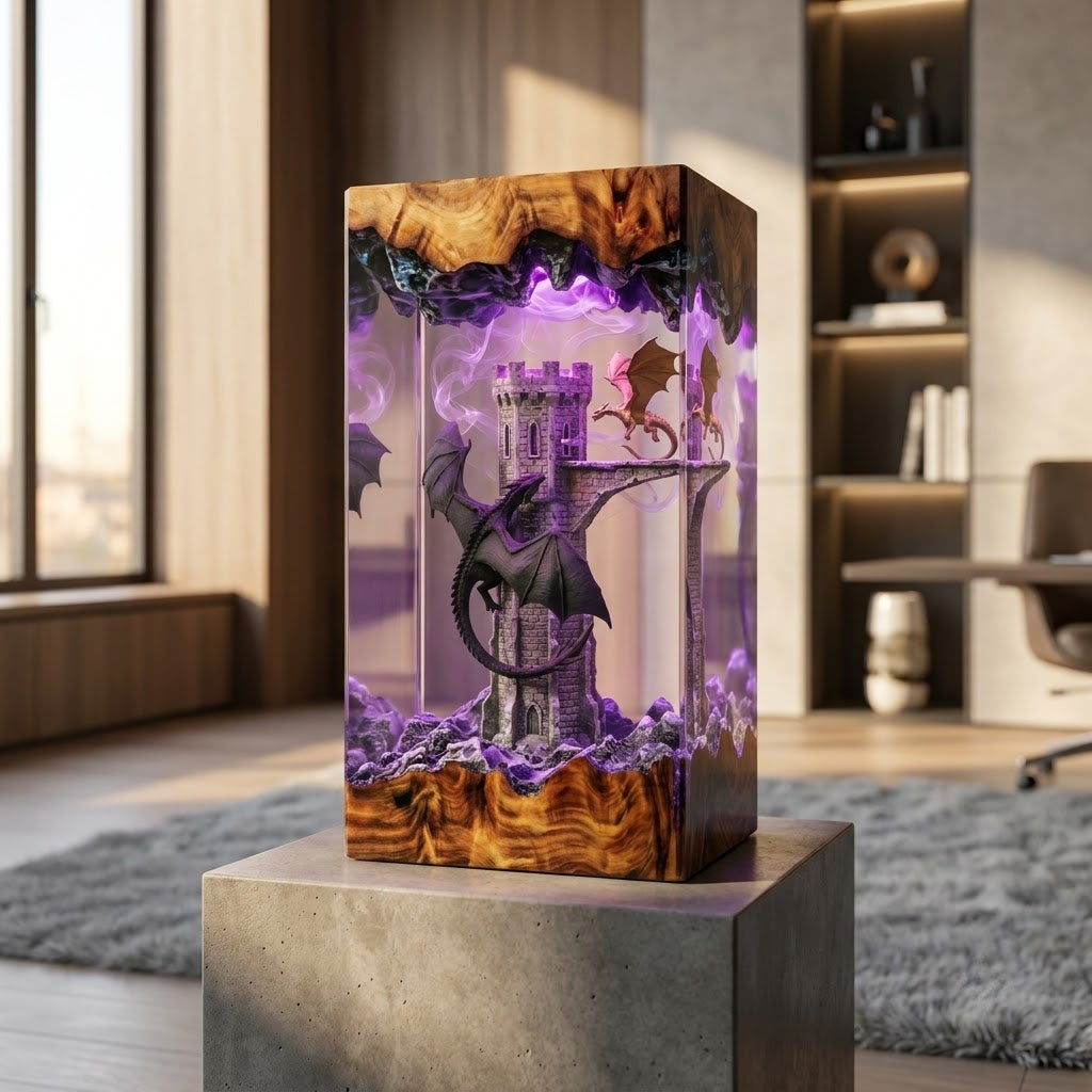 Dragon Castle Guardian Handcrafted Epoxy Resin LED Lamp