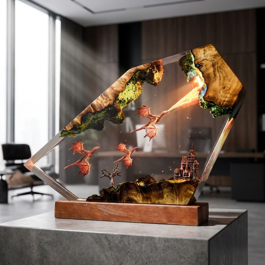 Dragon Flight Over Ancient Kingdom Handcrafted Epoxy Resin LED Lamp