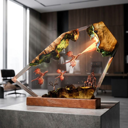 Dragon Flight Over Ancient Kingdom Handcrafted Epoxy Resin LED Lamp