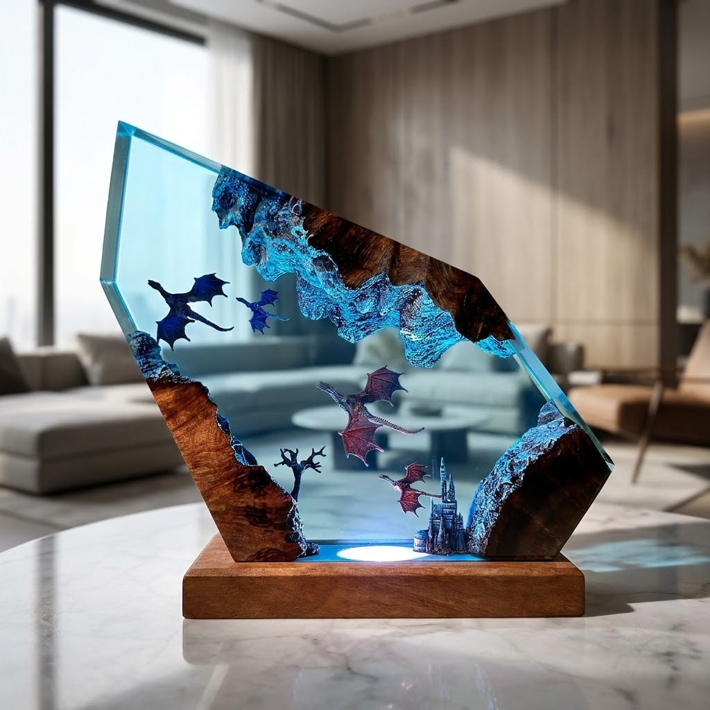 Mystic Dragon Kingdom Handcrafted Epoxy Resin LED Lamp