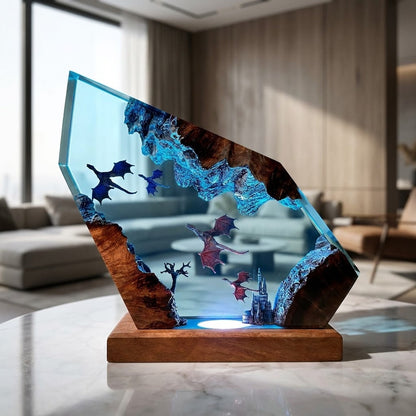 Mystic Dragon Kingdom Handcrafted Epoxy Resin LED Lamp