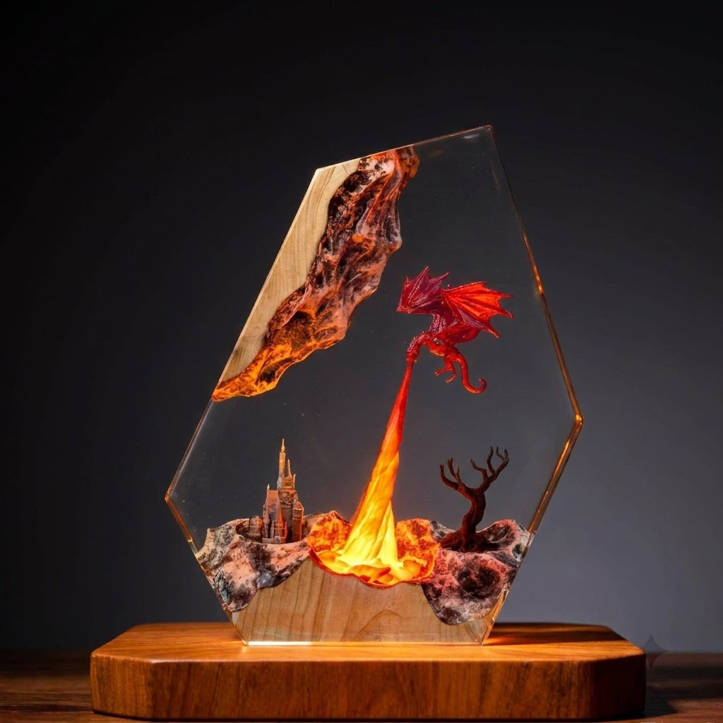 Crimson Dragon Flame Handcrafted Epoxy Resin LED Lamp