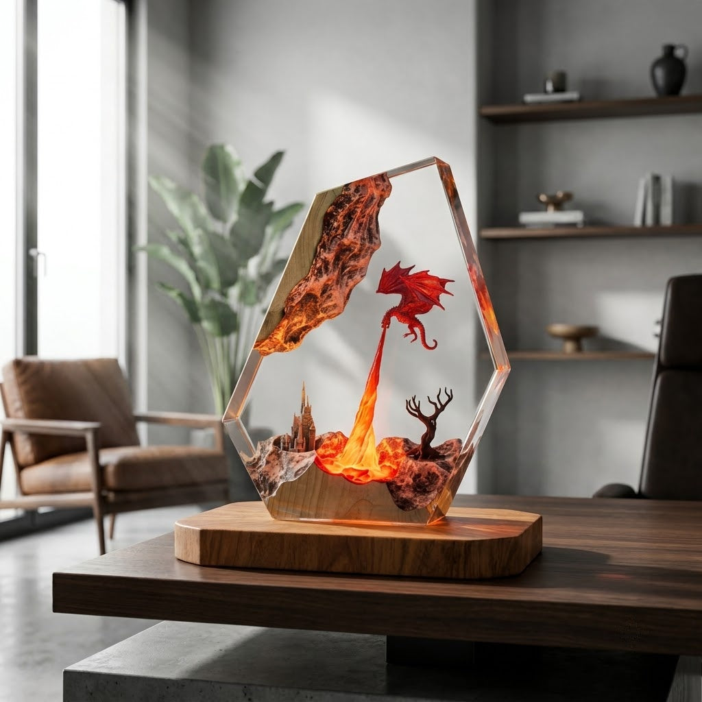 Crimson Dragon Flame Handcrafted Epoxy Resin LED Lamp