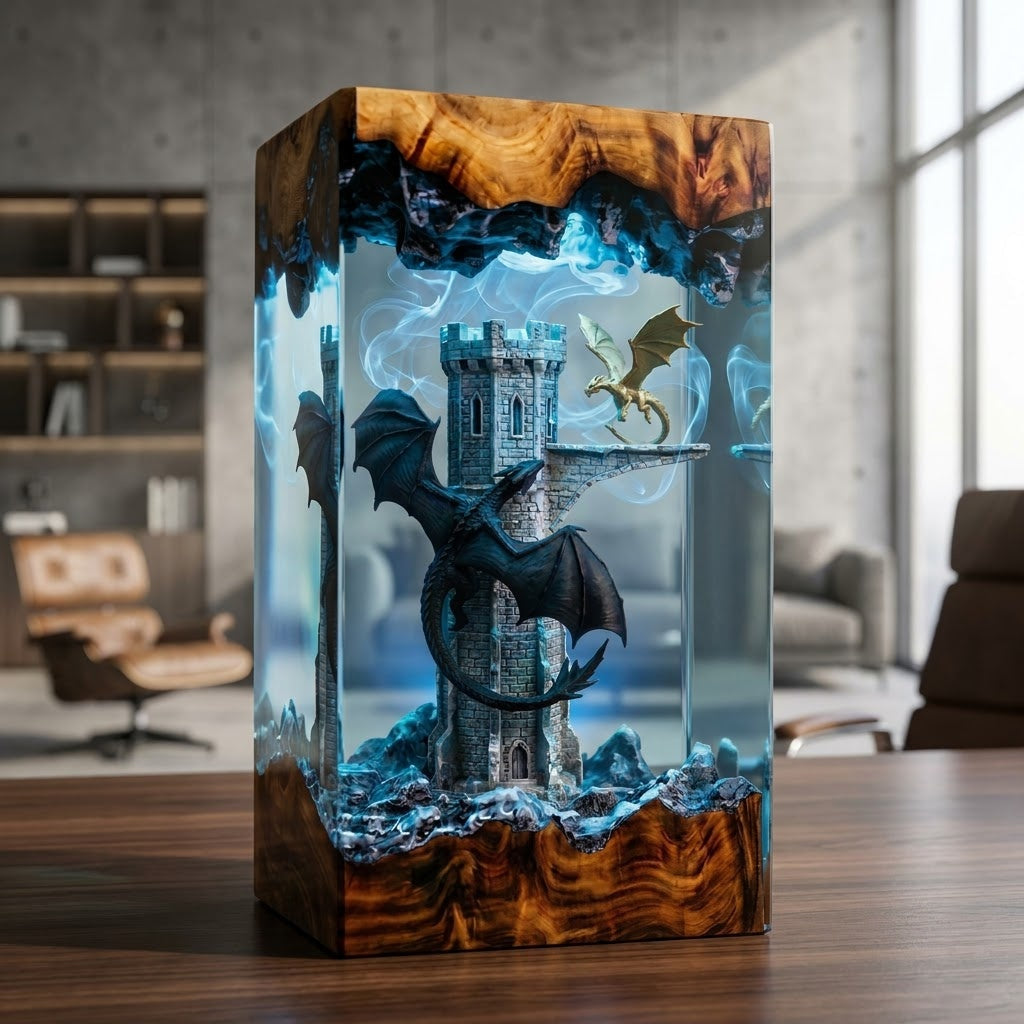 Dragon Castle Guardian Handcrafted Epoxy Resin LED Lamp