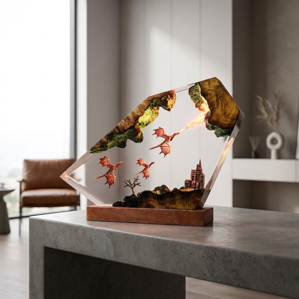 Dragon Flight Over Ancient Kingdom Handcrafted Epoxy Resin LED Lamp