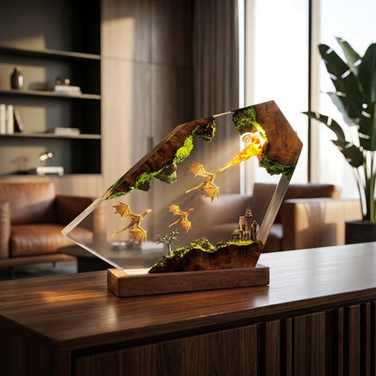 Dragon Flight Over Ancient Kingdom Handcrafted Epoxy Resin LED Lamp