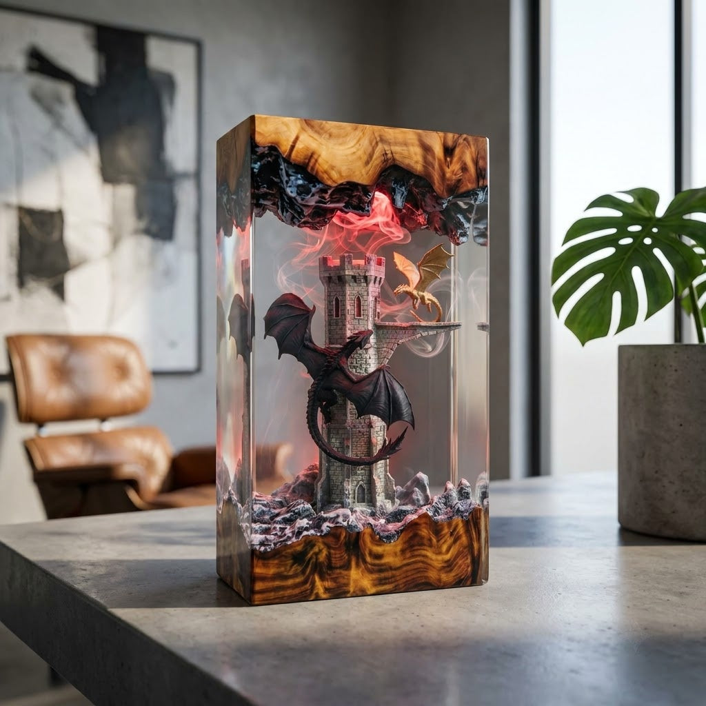Dragon Castle Guardian Handcrafted Epoxy Resin LED Lamp