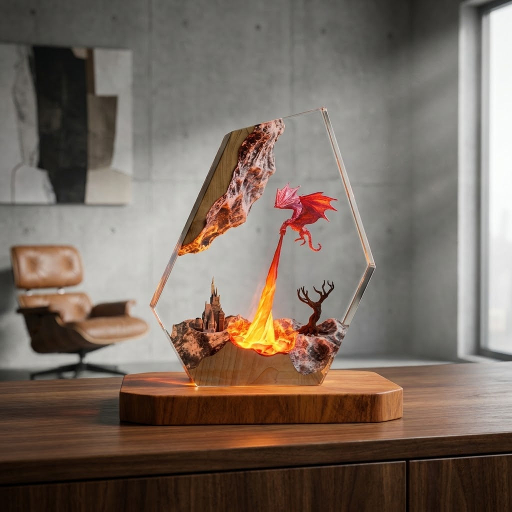 Crimson Dragon Flame Handcrafted Epoxy Resin LED Lamp