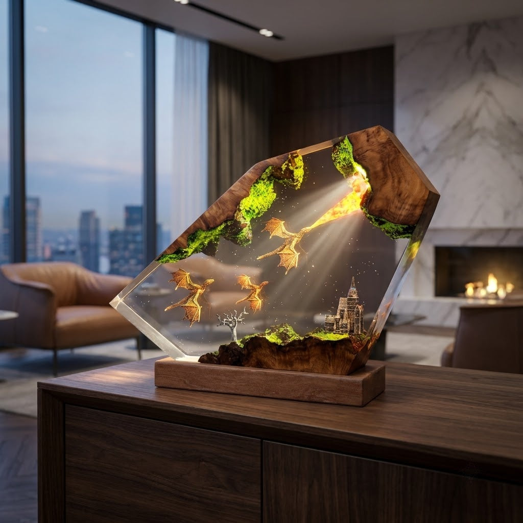 Dragon Flight Over Ancient Kingdom Handcrafted Epoxy Resin LED Lamp
