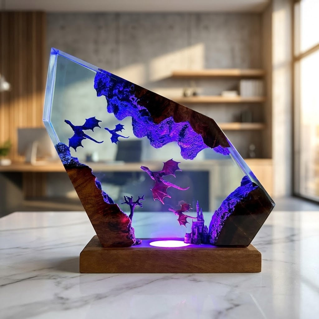 Mystic Dragon Kingdom Handcrafted Epoxy Resin LED Lamp