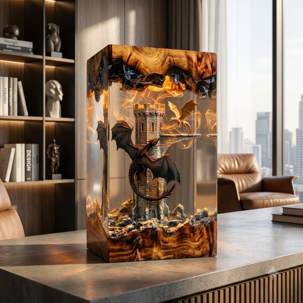 Dragon Castle Guardian Handcrafted Epoxy Resin LED Lamp