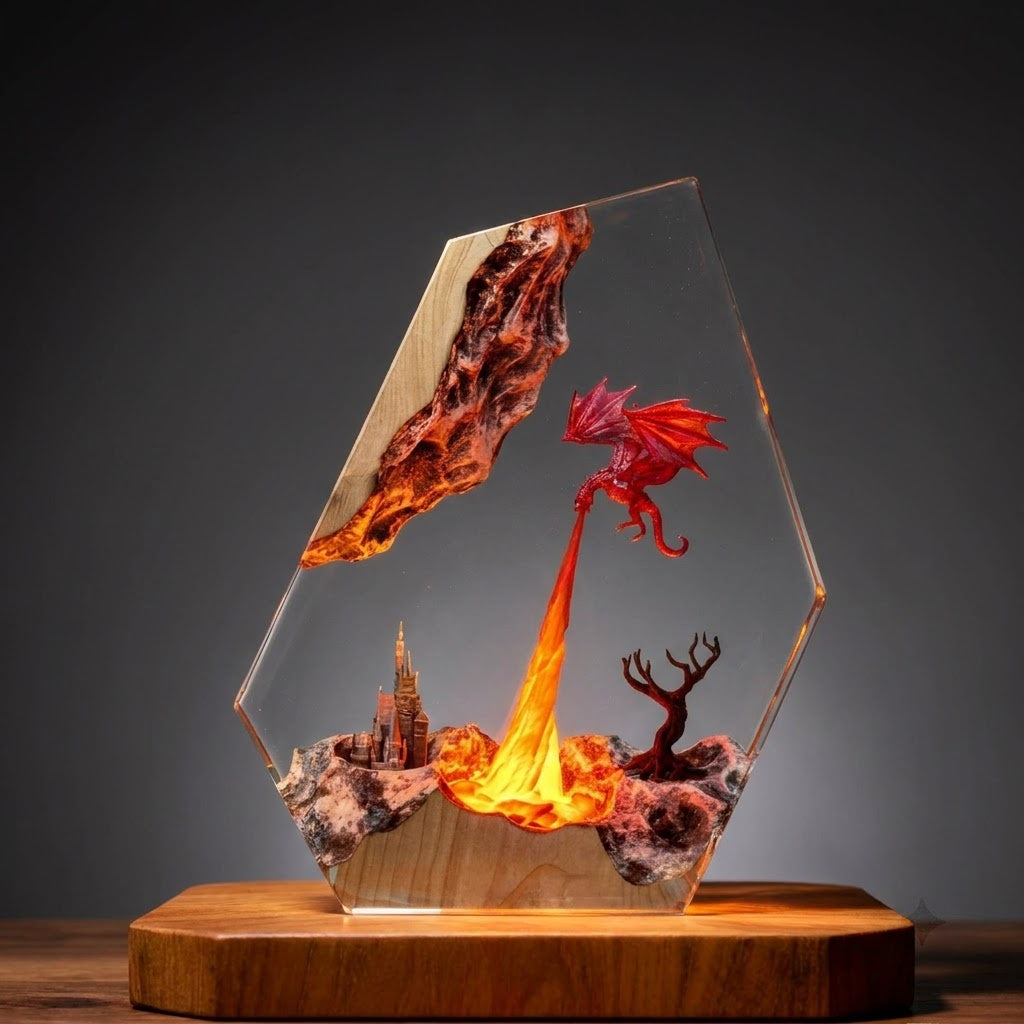 Crimson Dragon Flame Handcrafted Epoxy Resin LED Lamp