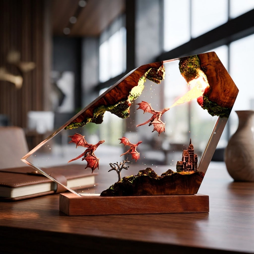 Dragon Flight Over Ancient Kingdom Handcrafted Epoxy Resin LED Lamp