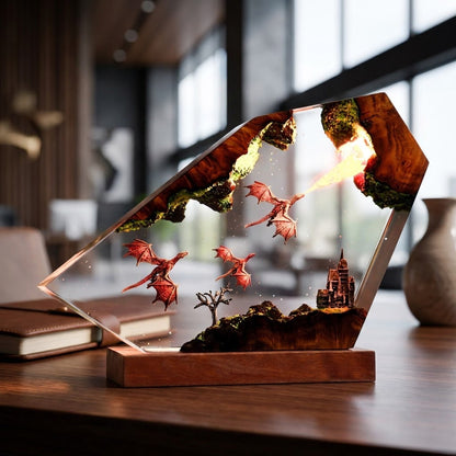 Dragon Flight Over Ancient Kingdom Handcrafted Epoxy Resin LED Lamp