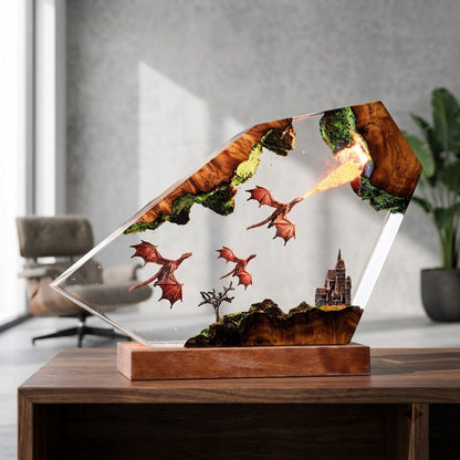 Dragon Flight Over Ancient Kingdom Handcrafted Epoxy Resin LED Lamp