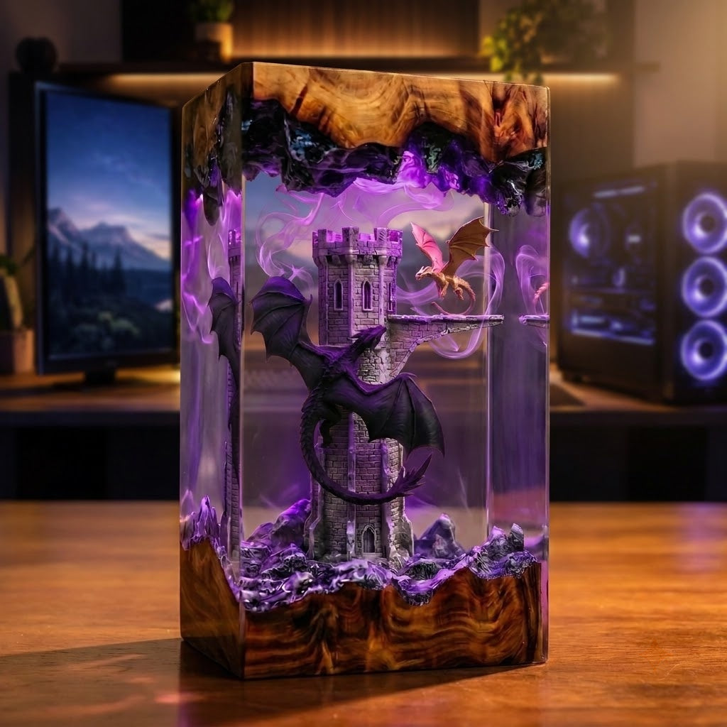 Dragon Castle Guardian Handcrafted Epoxy Resin LED Lamp