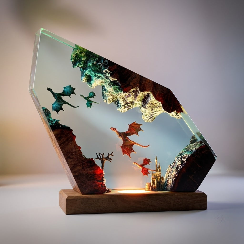 Mystic Dragon Kingdom Handcrafted Epoxy Resin LED Lamp