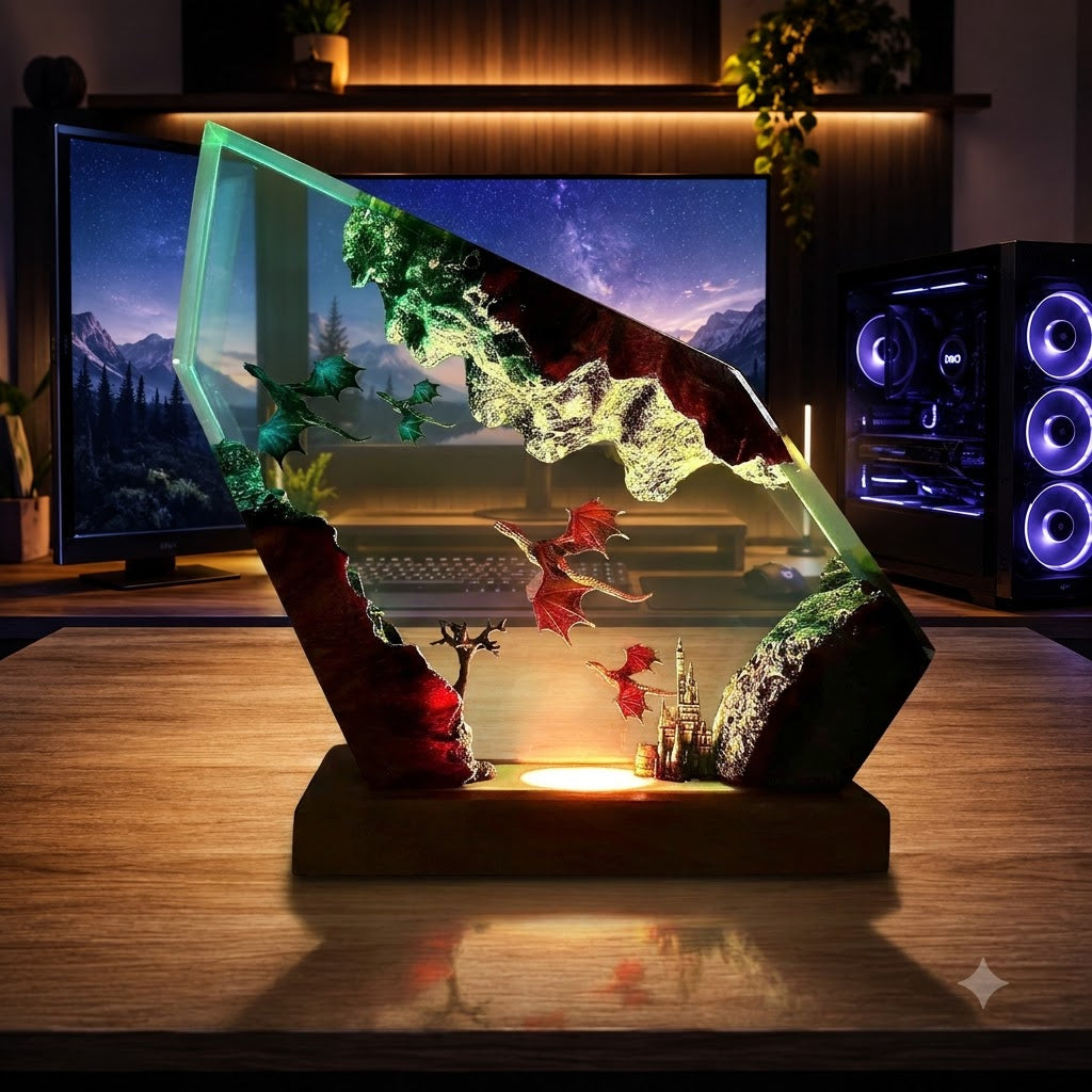 Mystic Dragon Kingdom Handcrafted Epoxy Resin LED Lamp