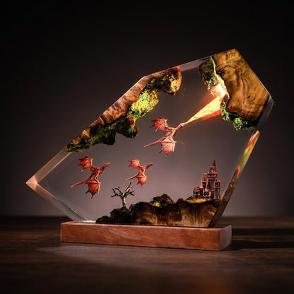 Dragon Flight Over Ancient Kingdom Handcrafted Epoxy Resin LED Lamp