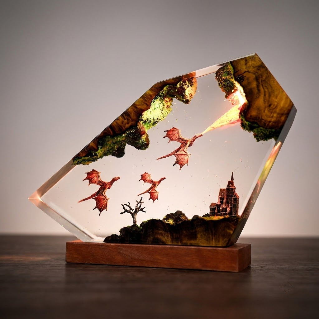 Dragon Flight Over Ancient Kingdom Handcrafted Epoxy Resin LED Lamp