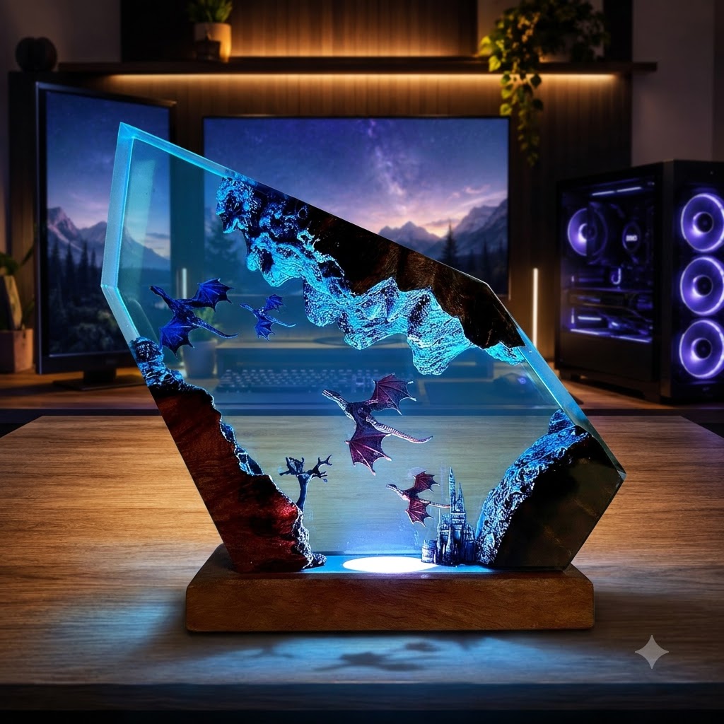 Mystic Dragon Kingdom Handcrafted Epoxy Resin LED Lamp