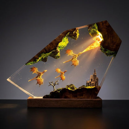 Dragon Flight Over Ancient Kingdom Handcrafted Epoxy Resin LED Lamp