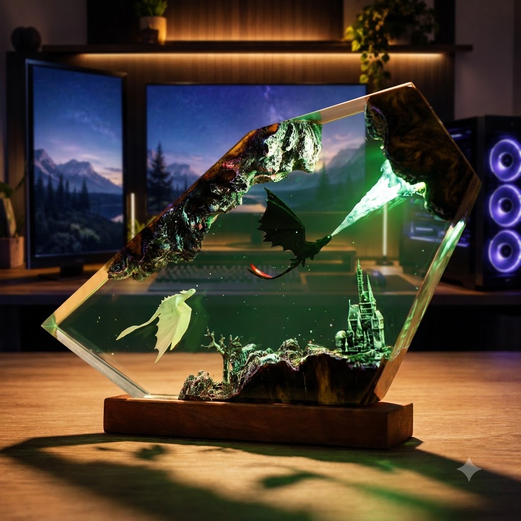 Dragon Guardian Kingdom Handcrafted Epoxy Resin LED Lamp
