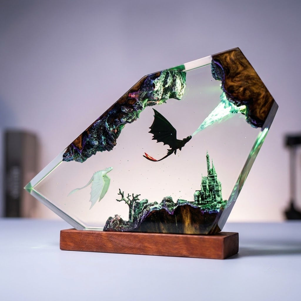 Dragon Guardian Kingdom Handcrafted Epoxy Resin LED Lamp