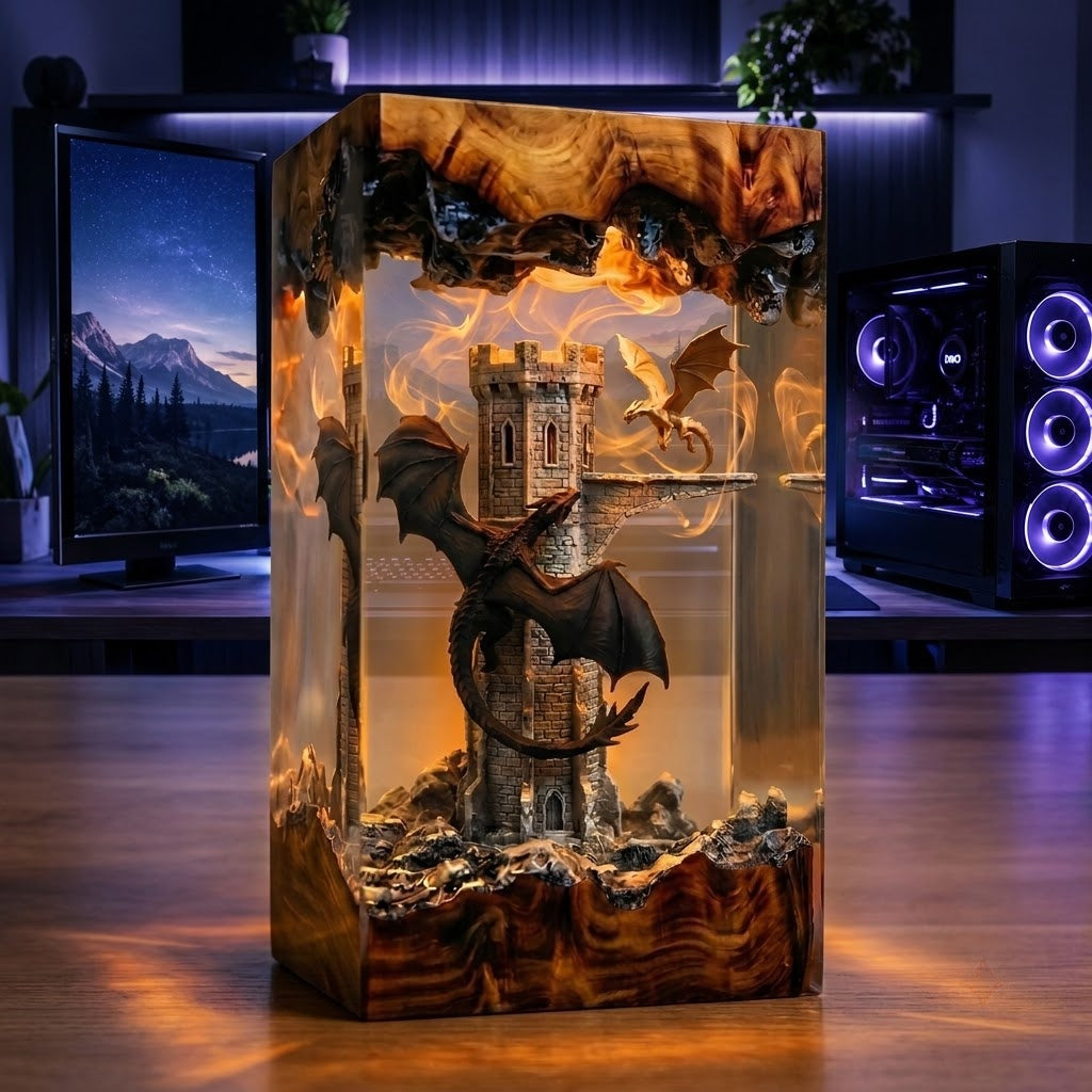 Dragon Castle Guardian Handcrafted Epoxy Resin LED Lamp