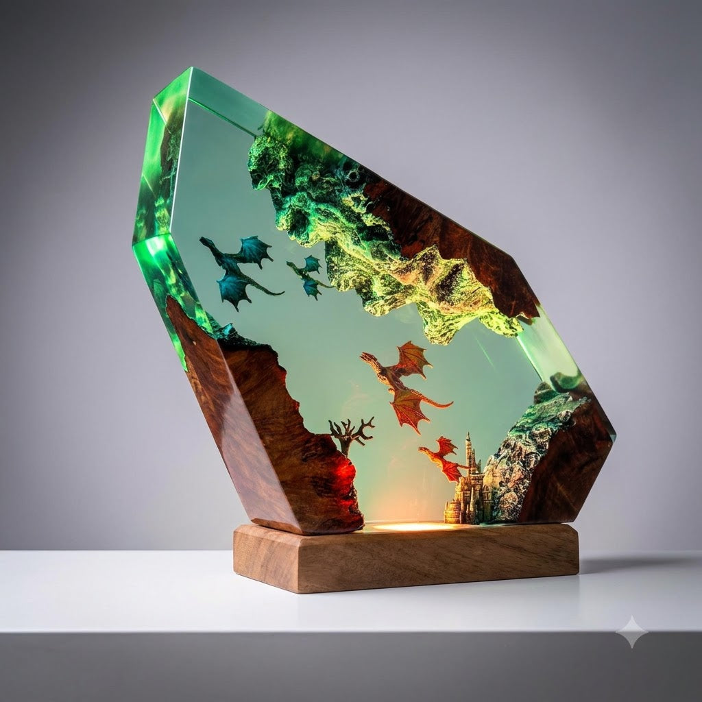 Mystic Dragon Kingdom Handcrafted Epoxy Resin LED Lamp