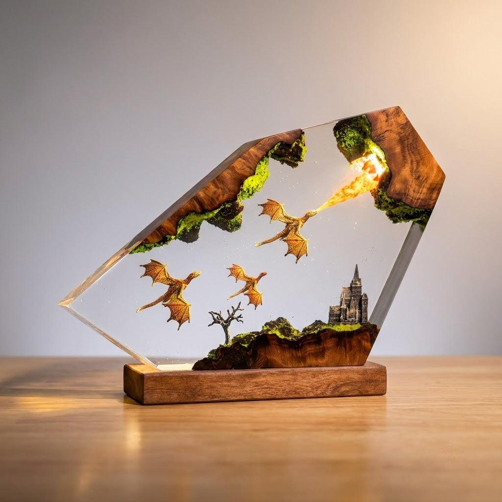 Dragon Flight Over Ancient Kingdom Handcrafted Epoxy Resin LED Lamp