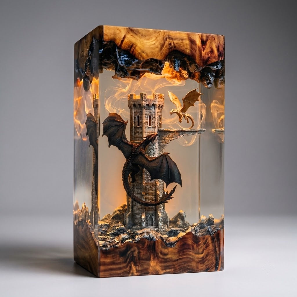 Dragon Castle Guardian Handcrafted Epoxy Resin LED Lamp