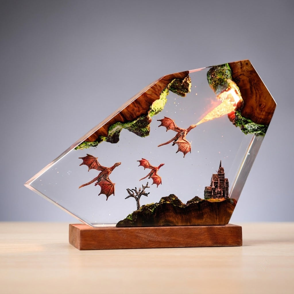 Dragon Flight Over Ancient Kingdom Handcrafted Epoxy Resin LED Lamp