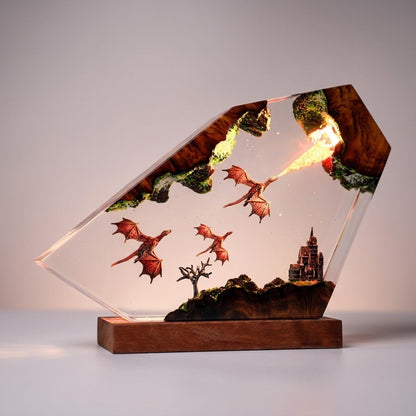 Dragon Flight Over Ancient Kingdom Handcrafted Epoxy Resin LED Lamp